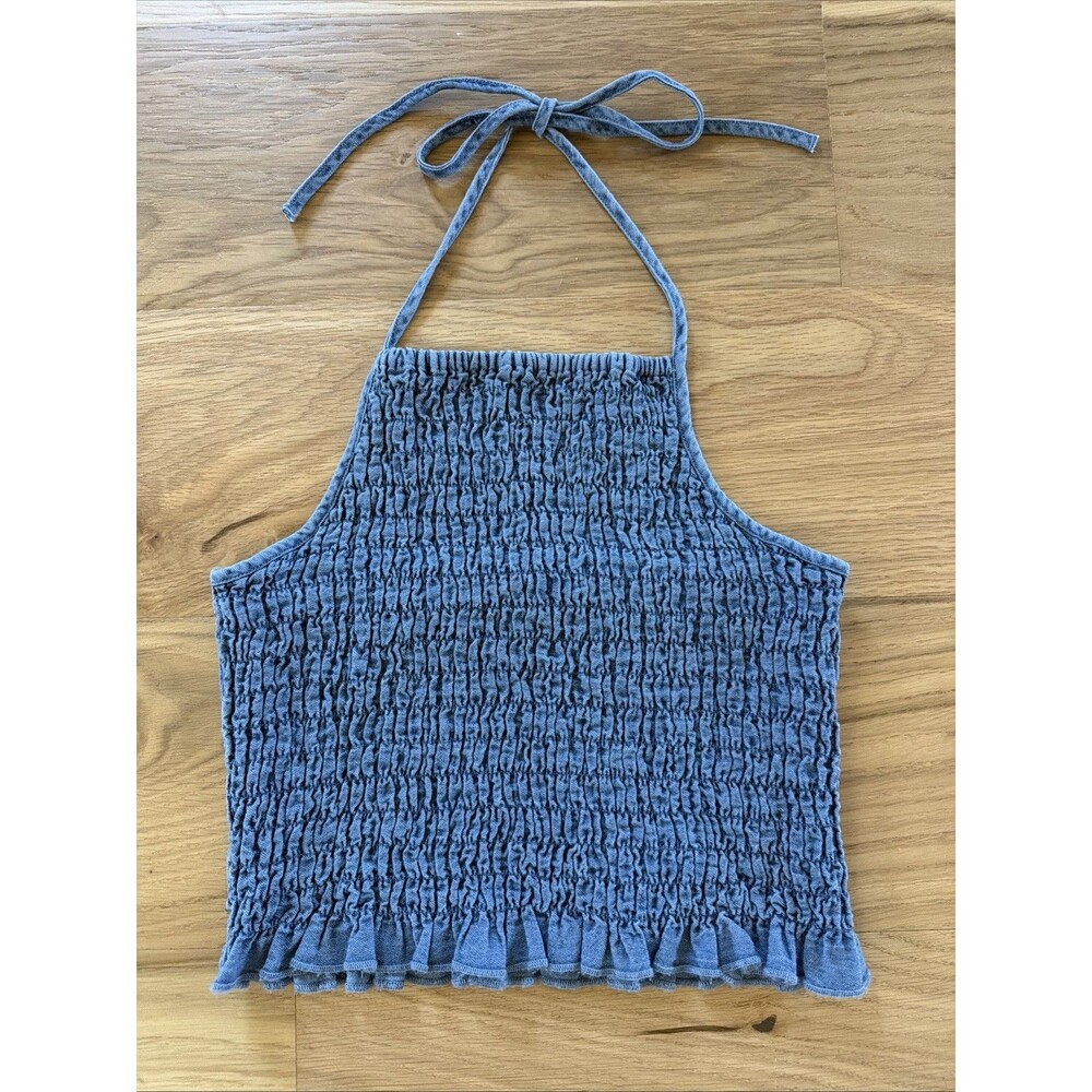American Eagle Denim Smocked Strappy Cropped Halter Top S Festival Boho Beachy